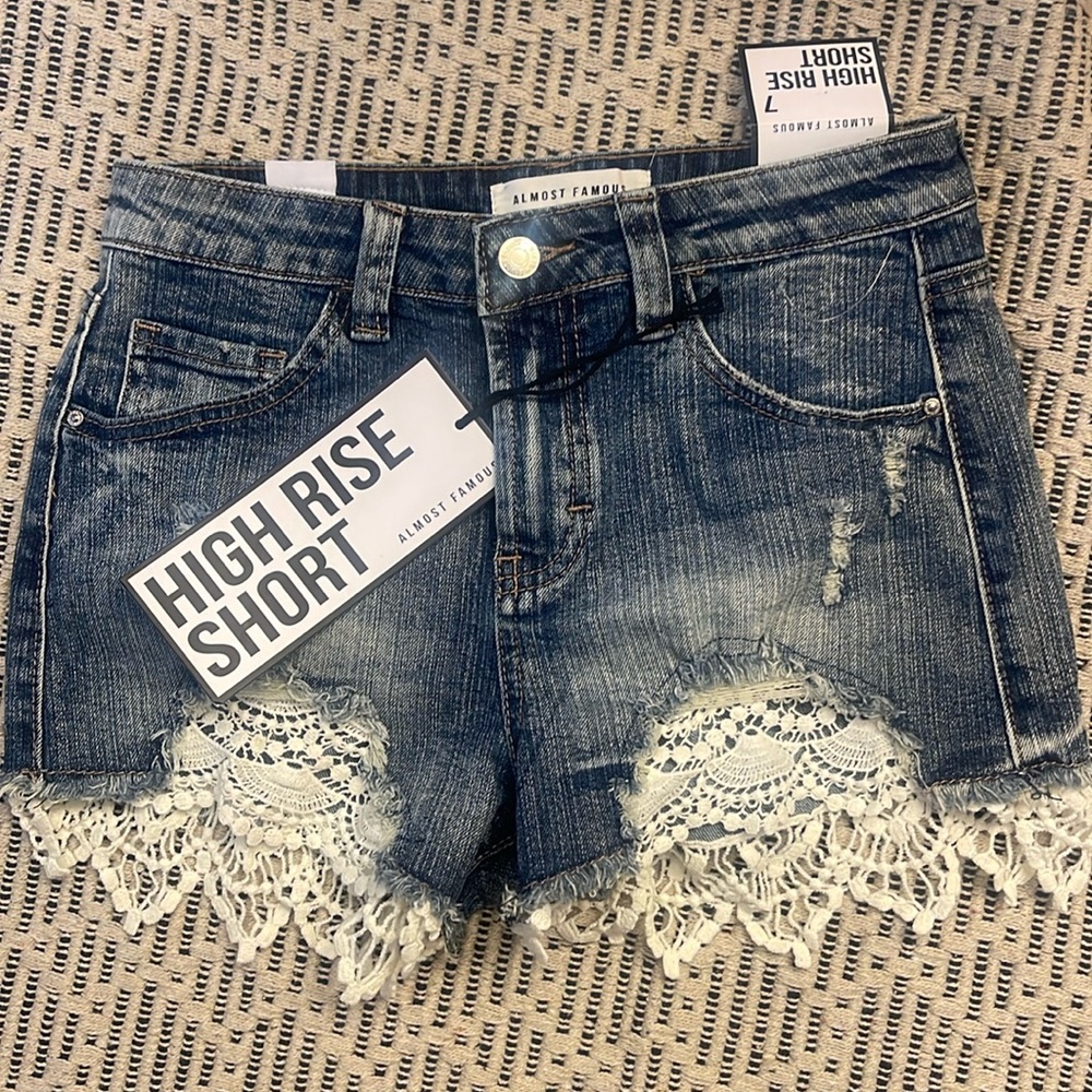 Blue jeans shorts High Rise Shorts ripped lace